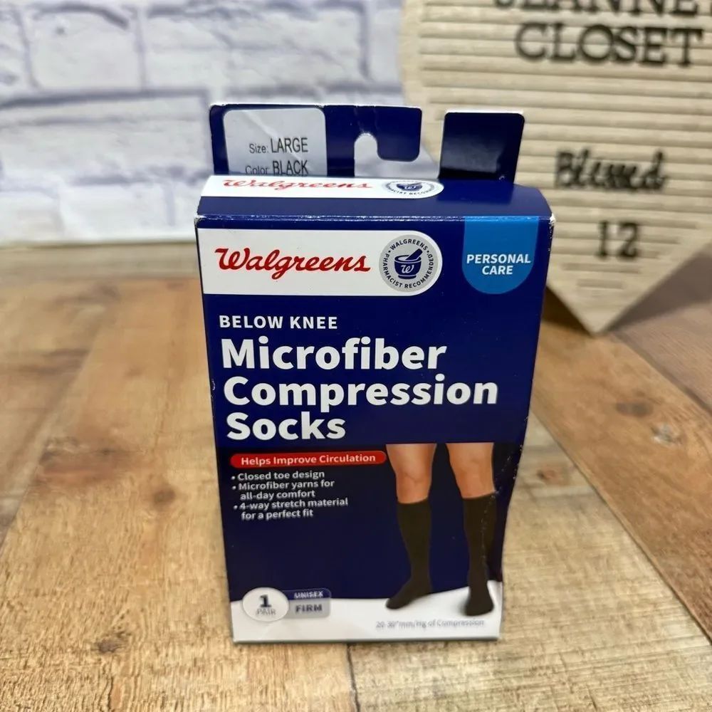 Walgreens Microfiber Compression Socks, Knee High Black, large nwt
